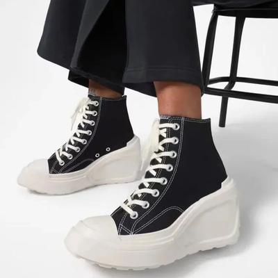 Мода 2024 года, новые парусиновые туфли, женские туфли с высоким берцем и круглым носком, модные кроссовки на платформе, женские повседневные спортивные туфли на шнуровке, размеры 36-42
