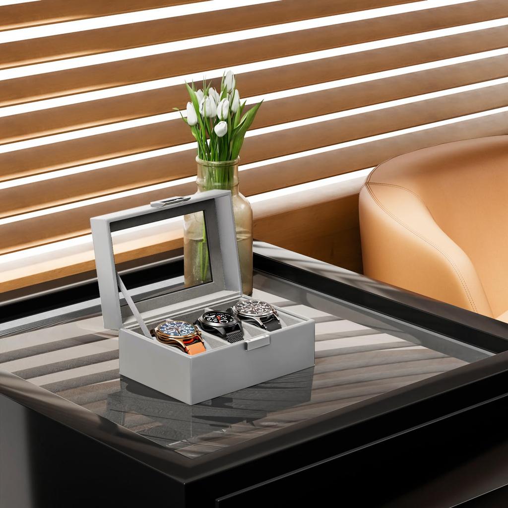 ProCase Коробка для часов на 3 слота Хранение часов Держатель для часов Органайзер для витрины для часов со стеклянной крышкой Мужчины, Мужской футляр, Мужчины,