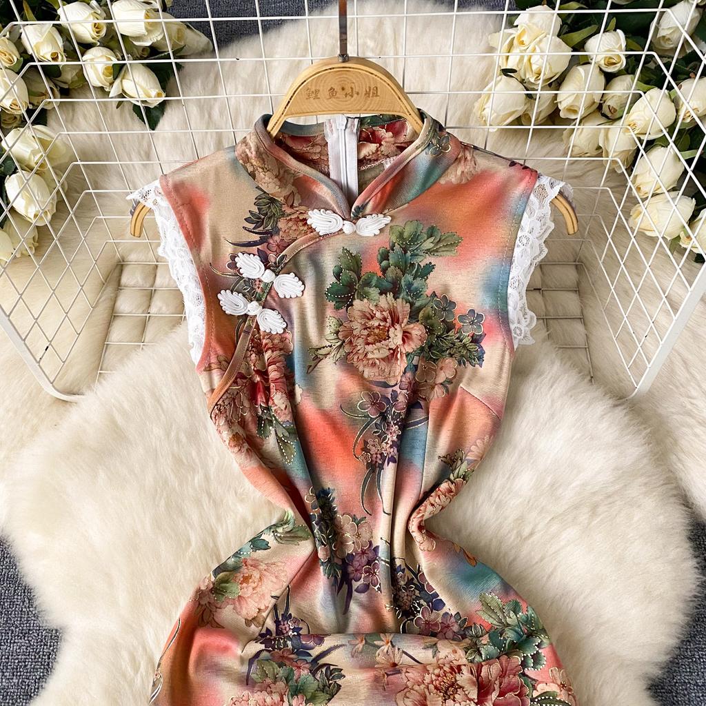 Женское платье без рукавов с кружевом и разрезом на пуговицах, тонкие платья Cheongsam с принтом