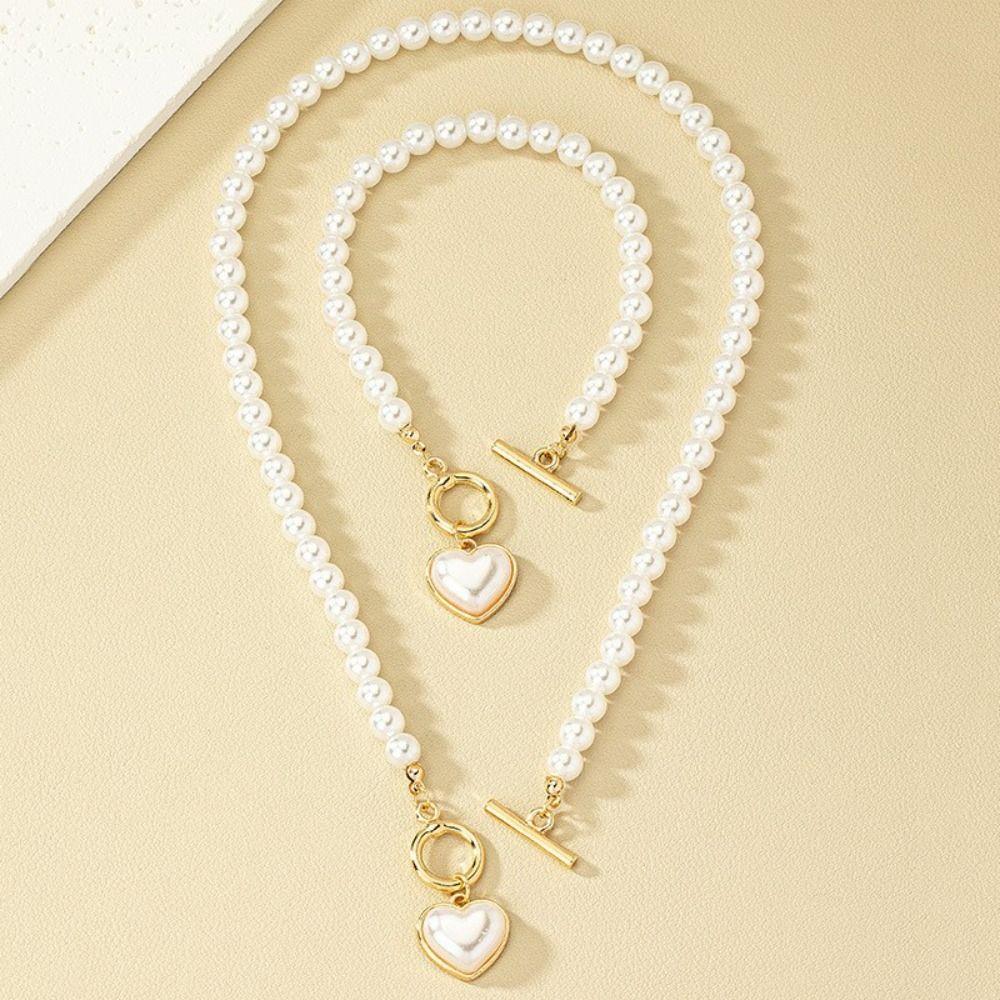 Crystal Necklace Bracelet Set Beaded Pearl Necklace Set Romantic Heart Pendant Jewelry Set  Women