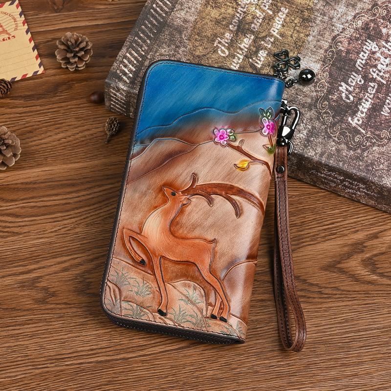 Johnature Vintage Wallet Genuine Leather Deer Head Embossed Women Long Wallets Natural Real Cowhide Hand Purse