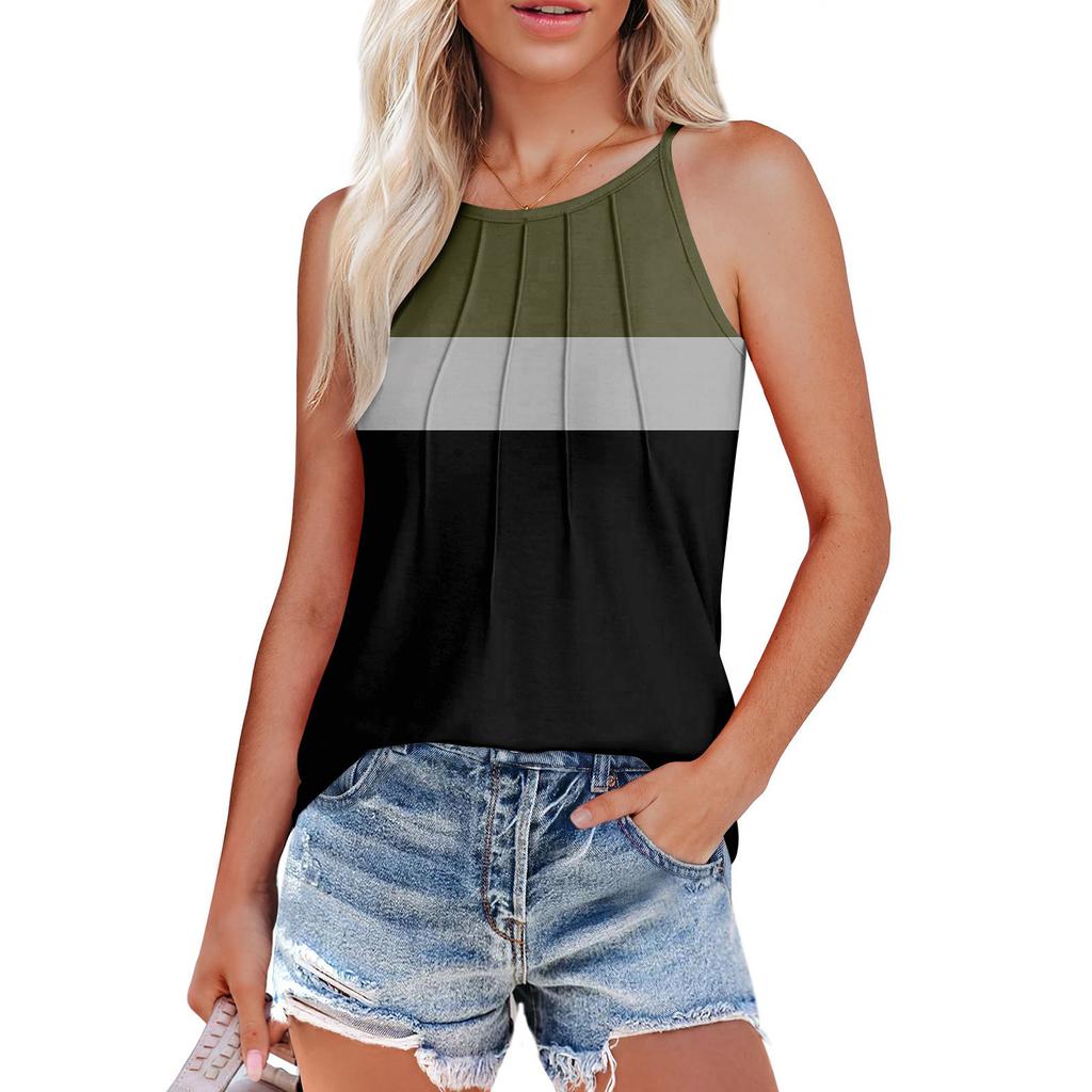 Womens Summer Tank Tops Pleated O Neck Printing Casual Top Tank Tops For Women Loose Fit Sleeveless Shirts