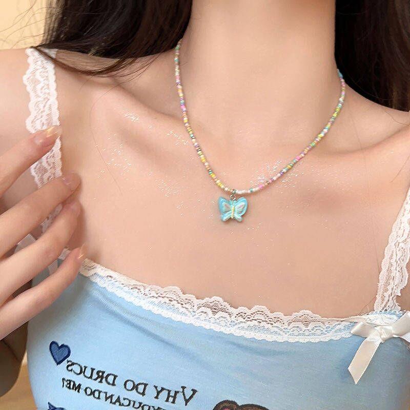 Hyunya Wind Color Beaded Butterfly Necklace Female Summer Sweet Temperament Collarbone Chain Spice Girl Neck Chain