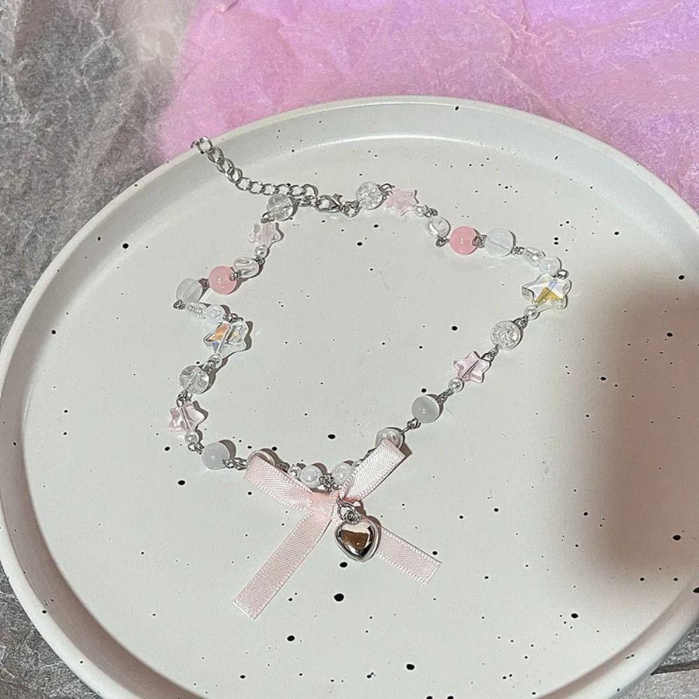 Korean Style Bowknot Pendant Choker Zircon Balletcore Choker Temperament Pink Bow Necklace  Wedding