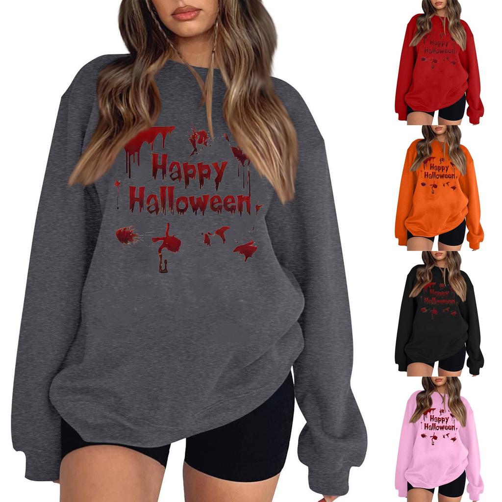 Women's Casual Round Neck Long Sleeved Pullover, Halloween Printed Top, Long Sleeved Hoodie