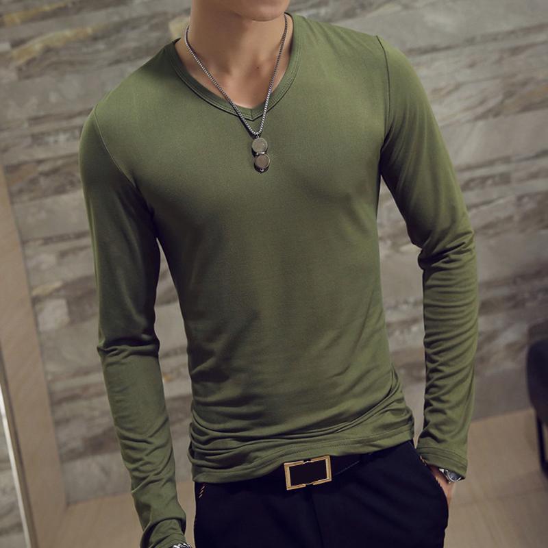 Elastic Mens T-Shirt V-Neck Long Sleeve Men T Shirt For Male Cotton T-Shirts Man Clothing TShirt Top Tees