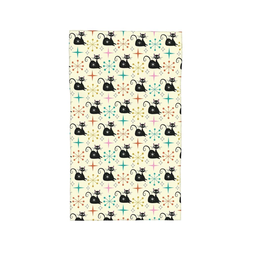Mid Century Black Atomic Cat with Starbursts Soft Face Towel Quick Dry Pool Bath Cotton Towels Absorbent