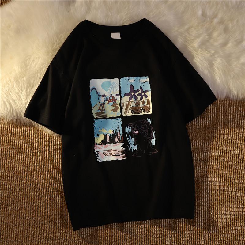 Американские винтажные забавные принты белые синие футболки с коротким рукавом для женщин 2025 летние повседневные свободные женские футболки harajuku streetwear футболки y2k топы