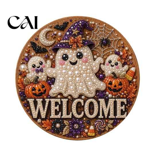 Faux Pearl Painting Arts Halloween Door Sign Kit, Ghost Skull Skeleton Cat Welcome Handmade Decoration Crafts for Wall
