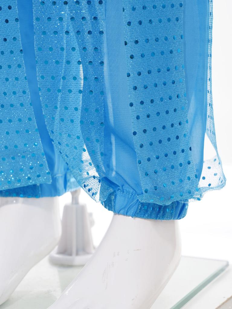 Kids Girls Belly Dance Performance Pants Sequined Dots Chiffon Trousers Bloomers with Tassels Waist Chain Hip Scarf