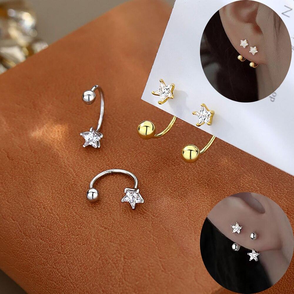 2 шт., серьги-гвоздики из нержавеющей стали со звездами и фианитами, женские серьги-гвоздики серебряного цвета, ювелирные изделия для пирсинга козелка хряща