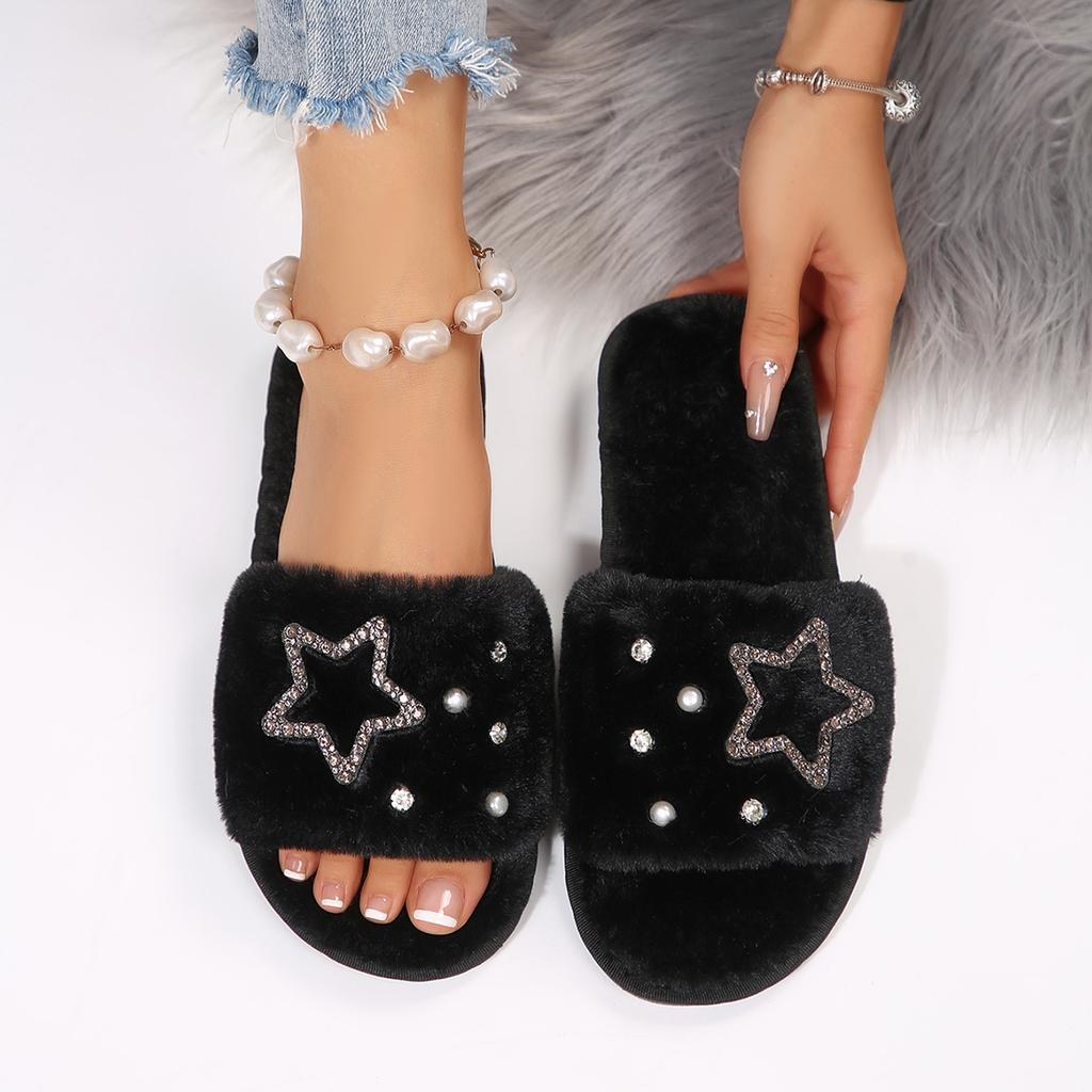 Модные панк-хлопковые шлепанцы с блестящей звездой для женщин 2025 Зимние теплые короткие плюшевые тапочки на плоской подошве Комфортные мягкие домашние тапочки