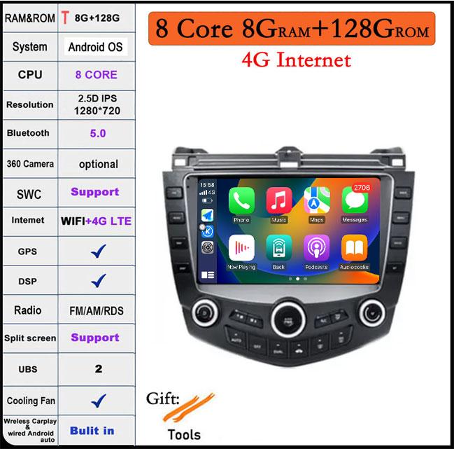 9-дюймовая автомагнитола Android 14 для Honda Accord 7 2003-2007, стерео мультимедийный плеер, CarPlay, Android Auto, WiFi, Bluetooth, GPS