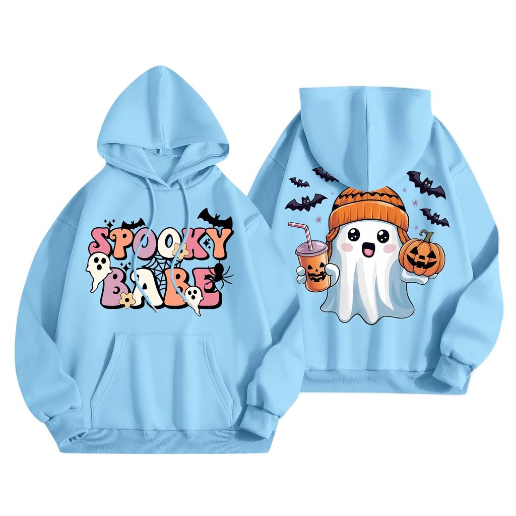 Женская мода, легкий женский свитер с длинными рукавами и карманами, толстовка с капюшоном и принтом на Хэллоуин