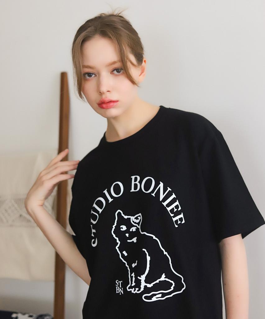 BONIEE Черная свободная футболка с графическим изображением символа кошки
