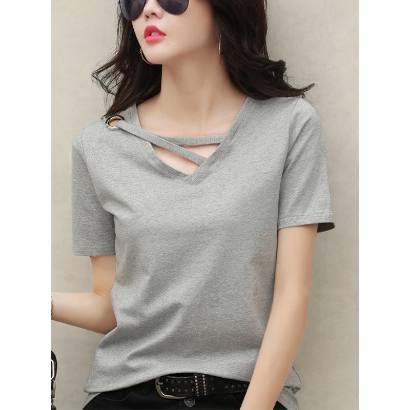 Женская повседневная модная летняя белая футболка с V-образным вырезом