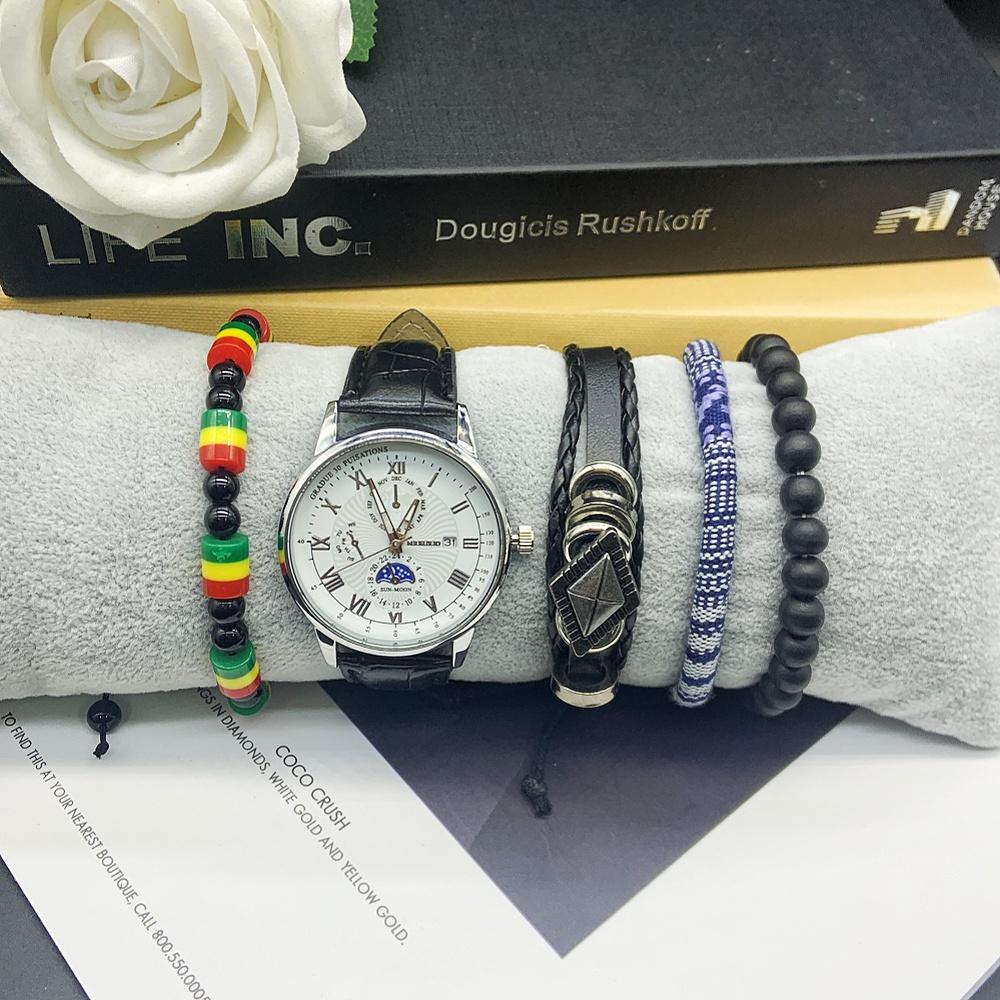 5pc New Men's Quartz Watch Luxury Week Date Display Fashion Men's Watch Include Bracelet Box for Any Scene
