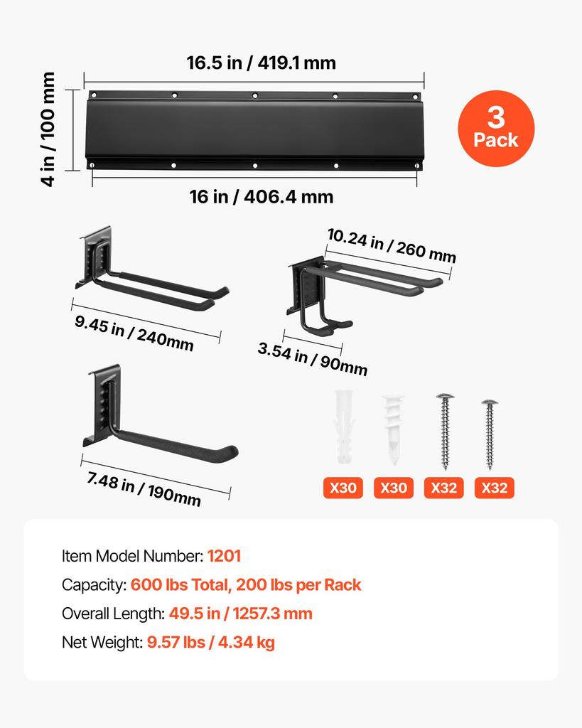 VEVOR Garage Tool Organizer 1257.3 mm 272 kg Wall Mount Garden Tool Rack
