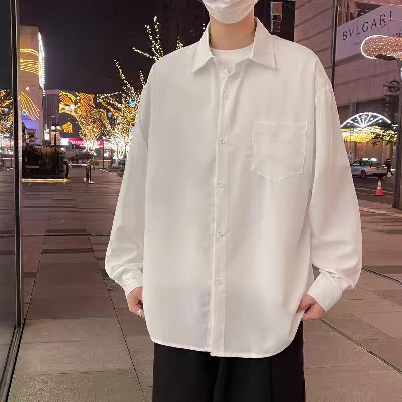 Черные рубашки с длинными рукавами, мужские корейские удобные блузки, повседневная свободная однобортная рубашка с галстуком