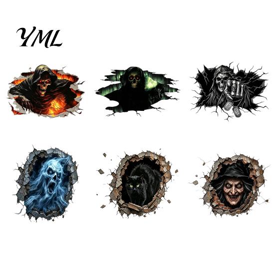 Festive Wall Ornaments for Halloween 3D Decal, Breakout Illusion Sticker with Skull Ghost, Spooky Scary Ghost Patterns Home Decor Room Party, Peel And