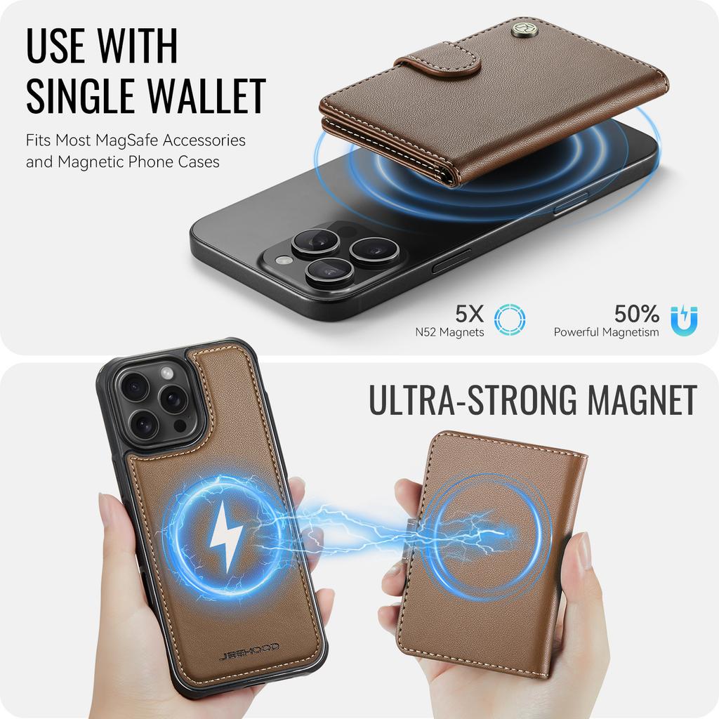 For iPhone 16 Pro Case JEEHOOD J09 RFID Blocking Card Holder Leather Back Phone Cover Compatible with MagSafe