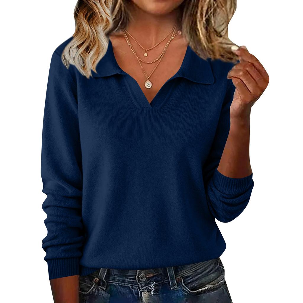 Women's Fashionable Casual Long-sleeved Knitted V-neck Sweater Top