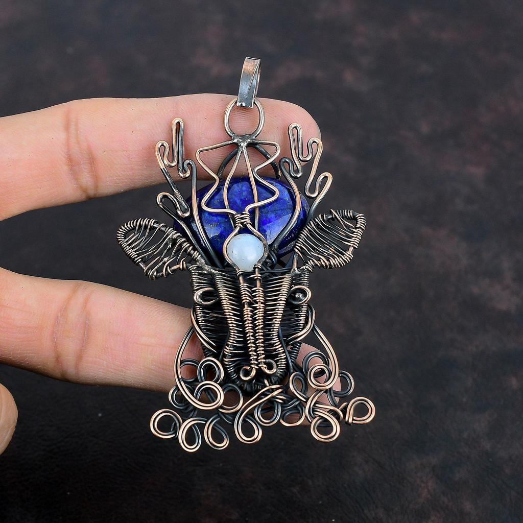 Подвеска из лазурита, медная проволочная обертка, подвеска из лунного камня, подвеска в виде оленьей морды, медная подвеска ручной работы, подарки для нее, подвеска в виде проволочной обертки