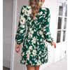 Women Printed Dress with Waistband Long Sleeves Half High Collar Dress Pleated Hem Short Dress