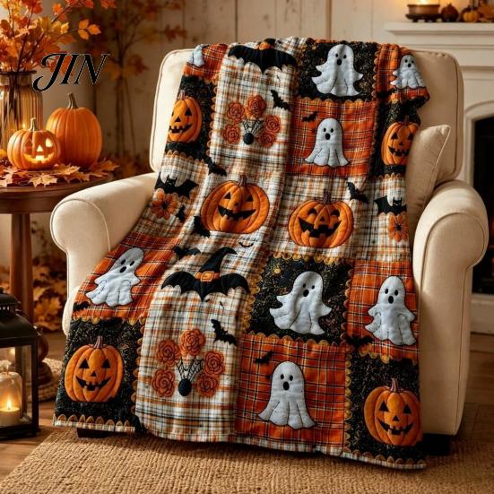 Soft Pumpkin Bat Print Bed Cover & Throw Blanket, Halloween Cozy Flannel Decorative Bedding Plaid for Couch Sofa Bed, Fall Home Decor