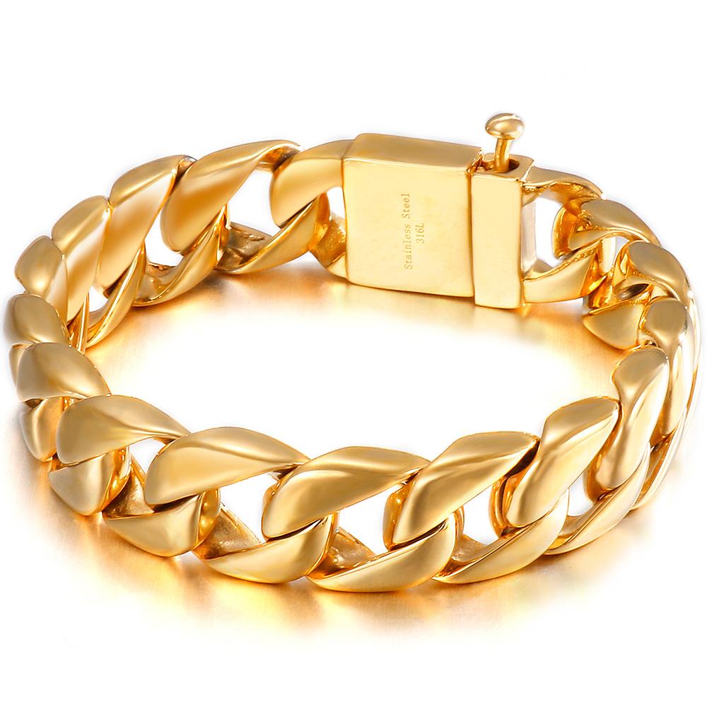 Роскошный мужской браслет из нержавеющей стали цвета золота, который никогда не тускнеет, с кубинским плетением, высоко полированный, модный мужской аксессуар в стиле хип-хоп