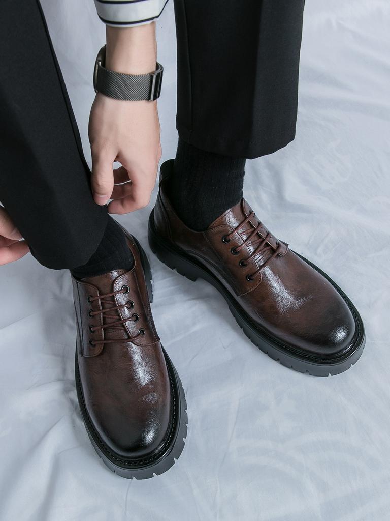 Модные новые толстые туфли с круглым носком в школьном стиле из кожи, мужские деловые туфли на шнуровке, модная обувь в корейском стиле