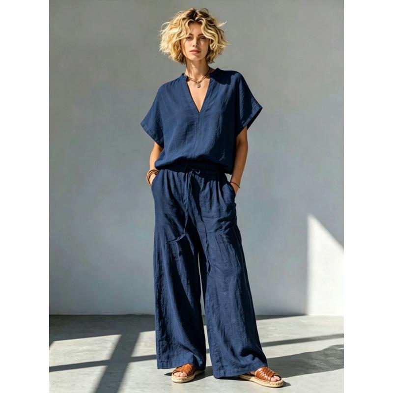 1116 European and American summer new cotton and linen casual V-neck short-sleeved shirt + wide-leg pants suit for women