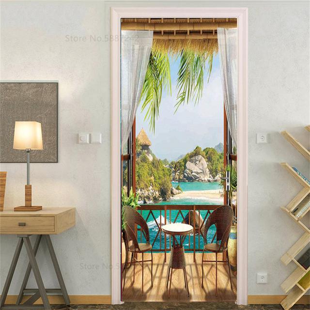 Sea Beach Door Decoration Stickers Bedroom Entrance Boys Girls Room 3d Wallpaper Natural Scenery Self-adhesive Home Wall Decals