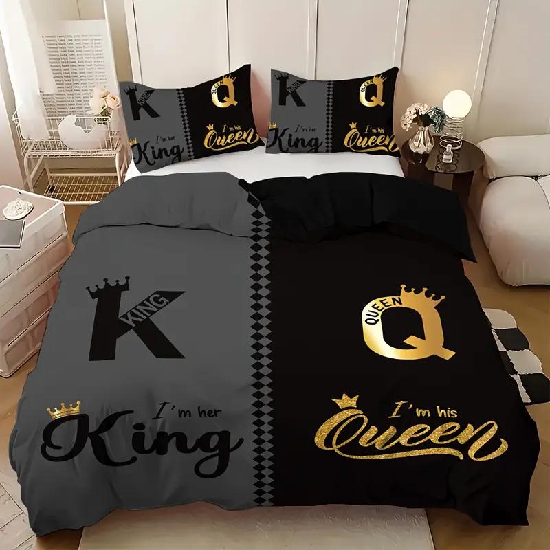 3 шт. комплект постельного белья размера king и queen с принтом, модный, черный и серый, 1 пододеяльник + 2 наволочки, для домашней спальни