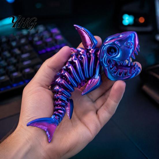 Flexible Shark Bone Figurine 3D Printed Articulated Skeleton Figurine, Pearlescent Joint Decorative Fish Sculpture Toy, Fidget Desk Decor, Gift