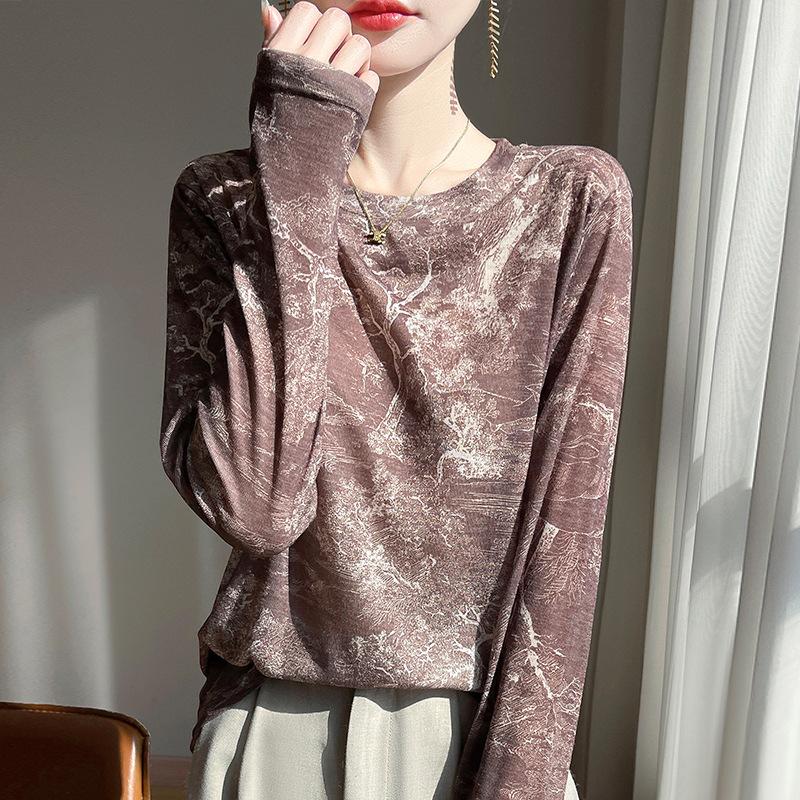 Women S Long Sleeve Pullover T Shirt Abstract Ink Print Regular Fit Base Top