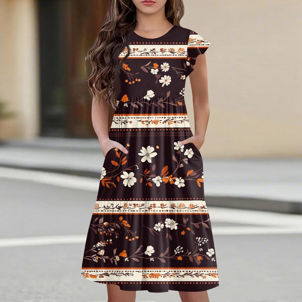 Детская юбка с круглым вырезом, плиссированная, с коротким рукавом, юбка принцессы, модное повседневное платье с карманами для девочек