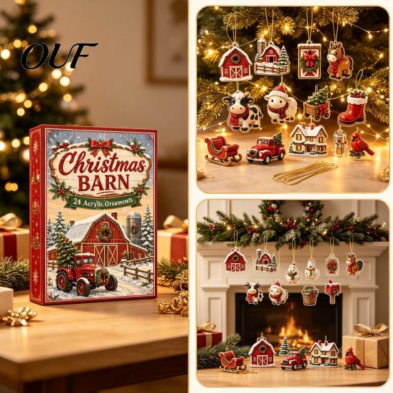 Farm Animal Hanging Ornaments Christmas Advent Calendar 24Pcs Acrylic 2D Ornament Set with Rustic Barn Kids Holiday Activity Sets Designs for