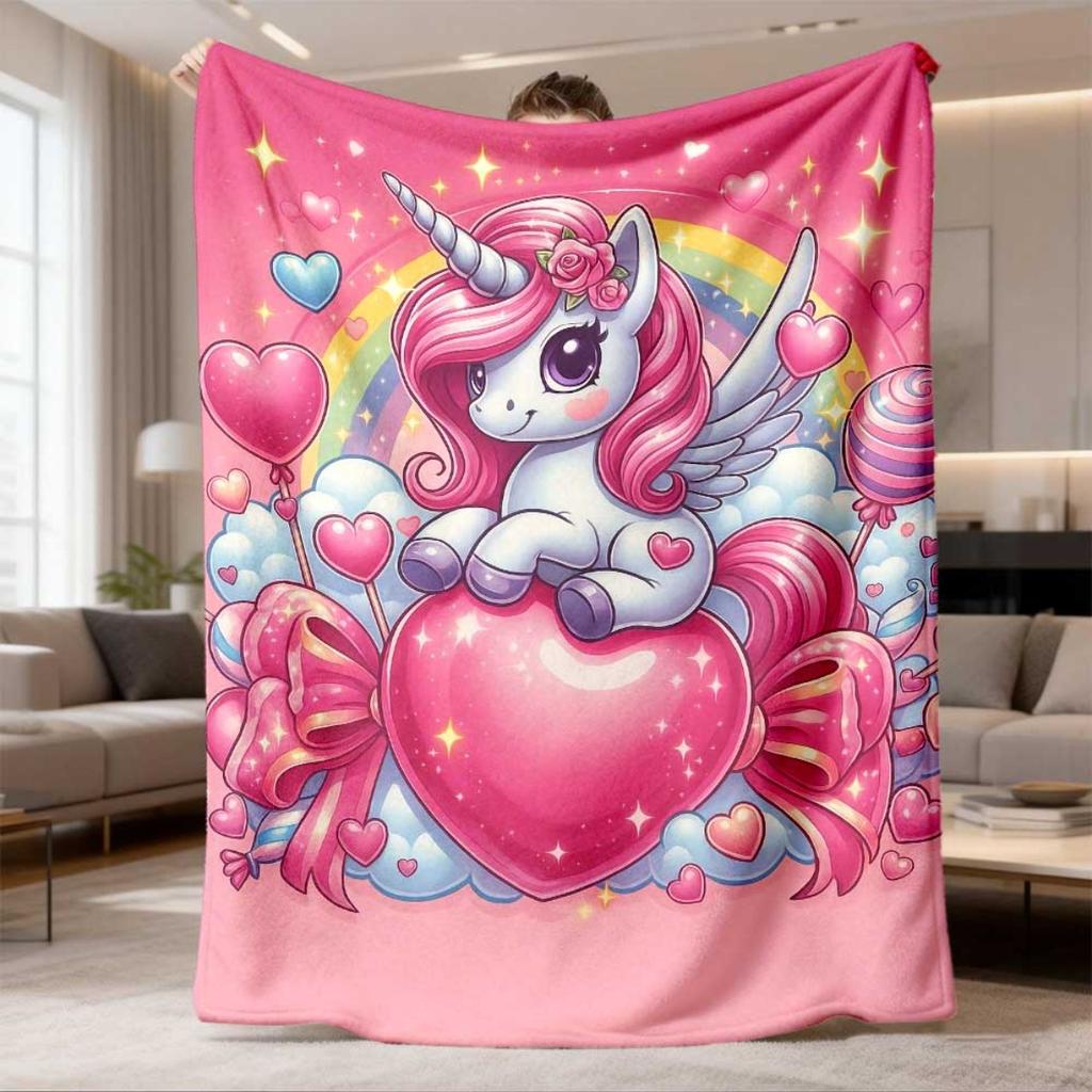2026 New Flannel Blanket 1pc Digital Print Blanket Featuring an Adorable Colorful Unicorn Design, Ideal for Bed, Sofa, Travel, And Camping - Exception
