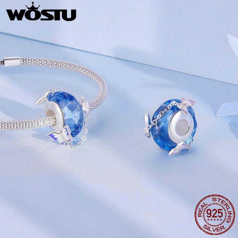 WOSTU Стерлингового Серебра 925 пробы, мистический фиолетовый цветок, подвески, бусины, защитная цепочка в виде бабочки, подходит для оригинального браслета, DIY ожерелье, ювелирные изделия