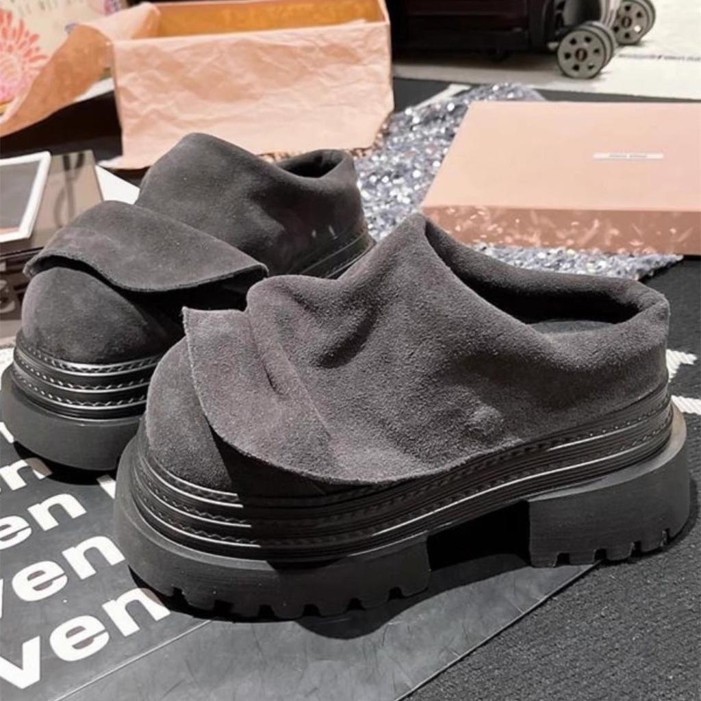Frosted Leather Platform Boken Shoes Mop 2025 Spring New Retro Muffin Sole Slippers Casual Loafer Fashion Women's Shoes