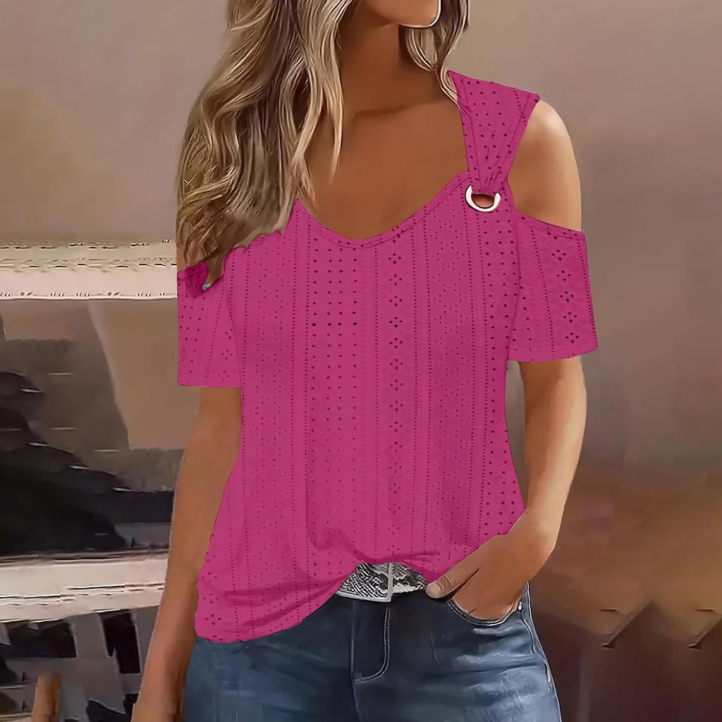 Новая повседневная однотонная женская футболка с короткими рукавами и v-образным вырезом с открытыми плечами, топ