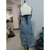 Women's Sleeveless U Neck Strap Distressed Casual Slim Fit Knee Length Denim Dress