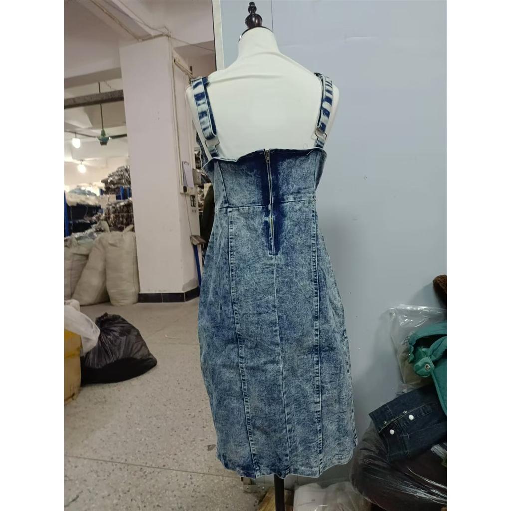 Women's Sleeveless U Neck Strap Distressed Casual Slim Fit Knee Length Denim Dress