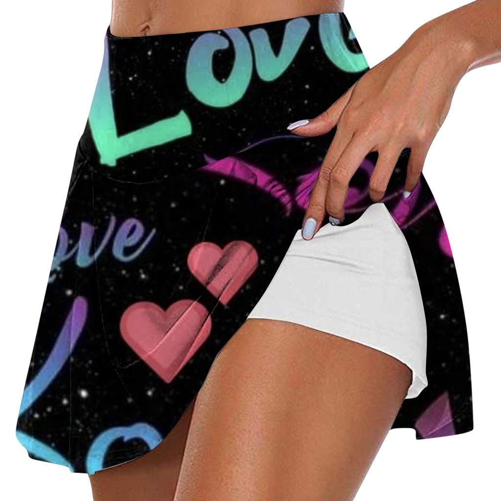 Женская мода с принтом на День Святого Валентина, повседневная спортивная фитнес-беговая йога, теннисная юбка, плиссированная короткая юбка, шорты, полуюбка