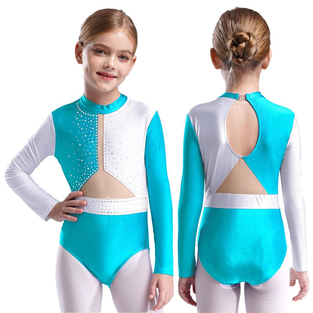 Гимнастический купальник для девочек, фигурное катание, балетные купальники, длинный рукав, стразы, сетчатый комбинезон, танцевальная одежда, боди для джазовых танцев, костюм для латинских танцев