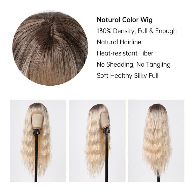 ALAN EATON Блондинка Длинные свободные волнистые синтетические парики с челкой для женщин Ombre Темные корни Натуральный парик Блондинка Повседневный парик из волос