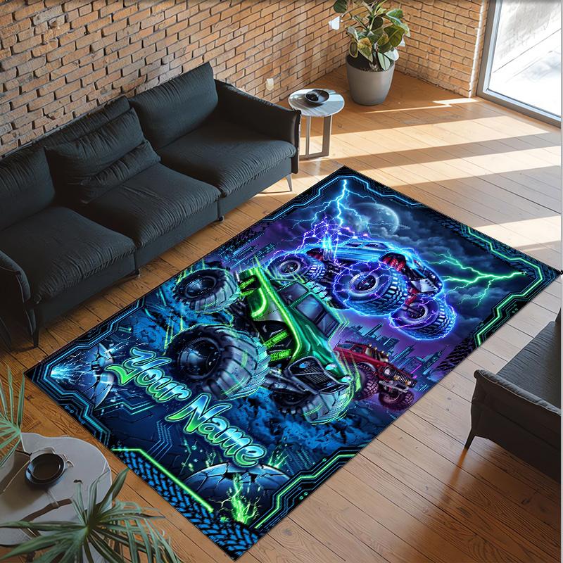 Monster Truck Theme Crystal Velvet Rug Personalized Custom Name Text Soft Floor Mat Home Decor