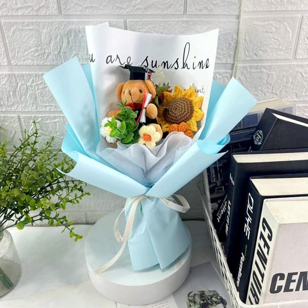 New Lovely Bear Simulated Flower Bouquet Crochet Sunflower Handmade Sunflower Flowers Animal Bouquet Graduation Ceremony