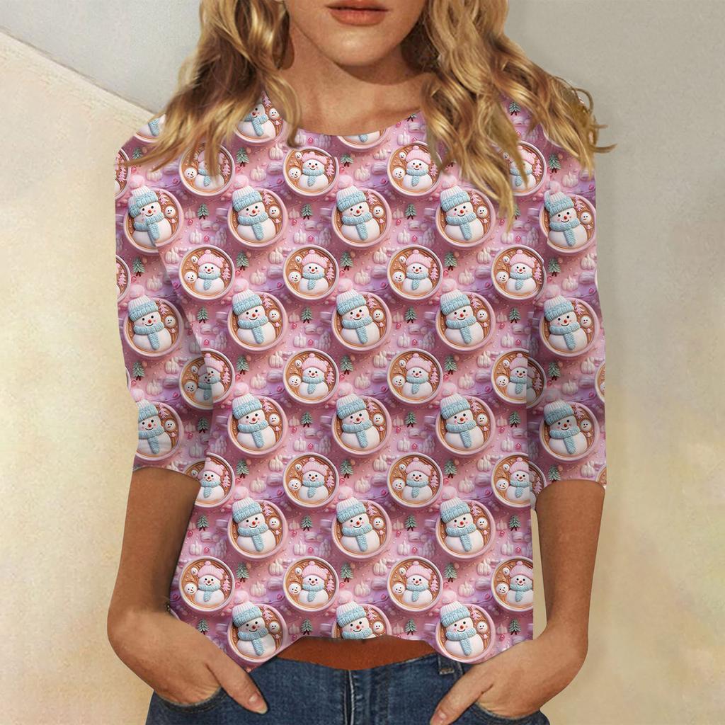 Женская модная повседневная футболка с рукавом три четверти и рождественским принтом, с круглым вырезом